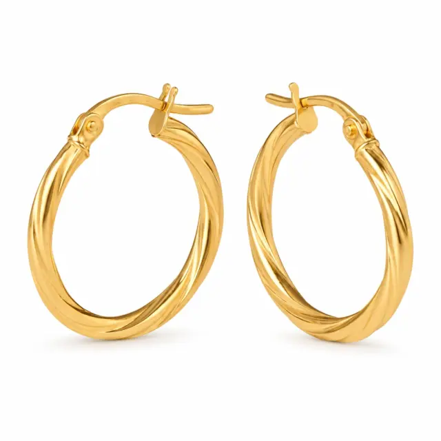 9ct Yellow Gold Twist Tube Hoop Earrings, 2mm x 20mm, with a Polished Finish & Secure Hinged Clasp - 5ER0022