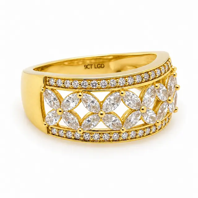 9ct Yellow Gold Wide Diamond Band with Round & Marquise 1.04ct TDW – Lab-Grown - AURG882