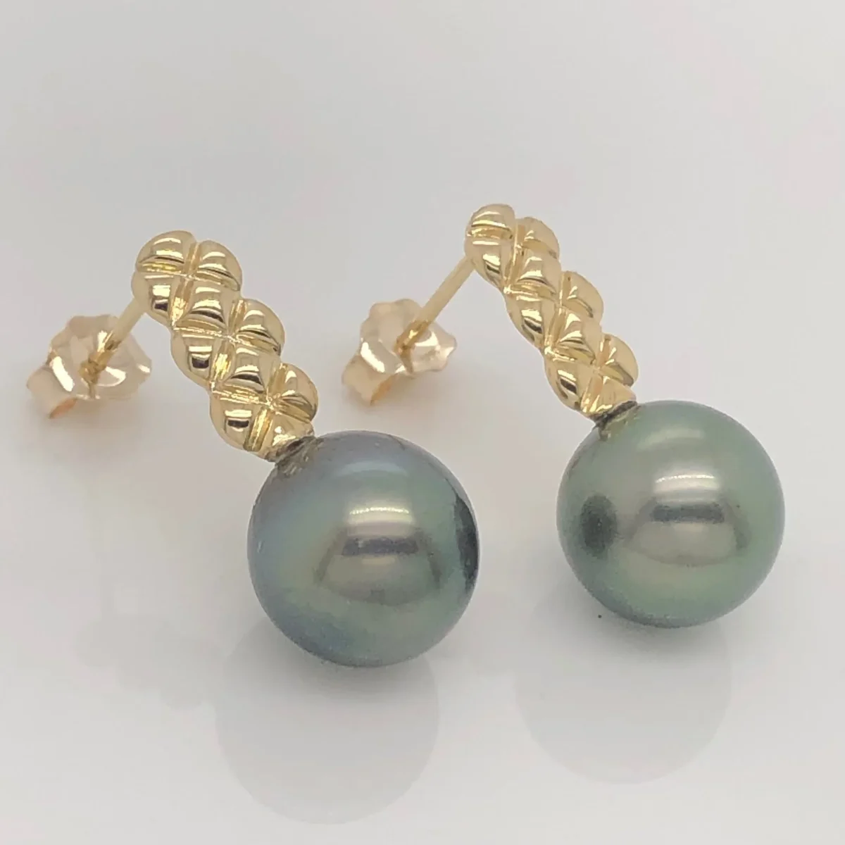 9ct Yellow Gold with Round Tahitian Black Pearl 9.0mm - 10.0mm Drop  Stud Earrings