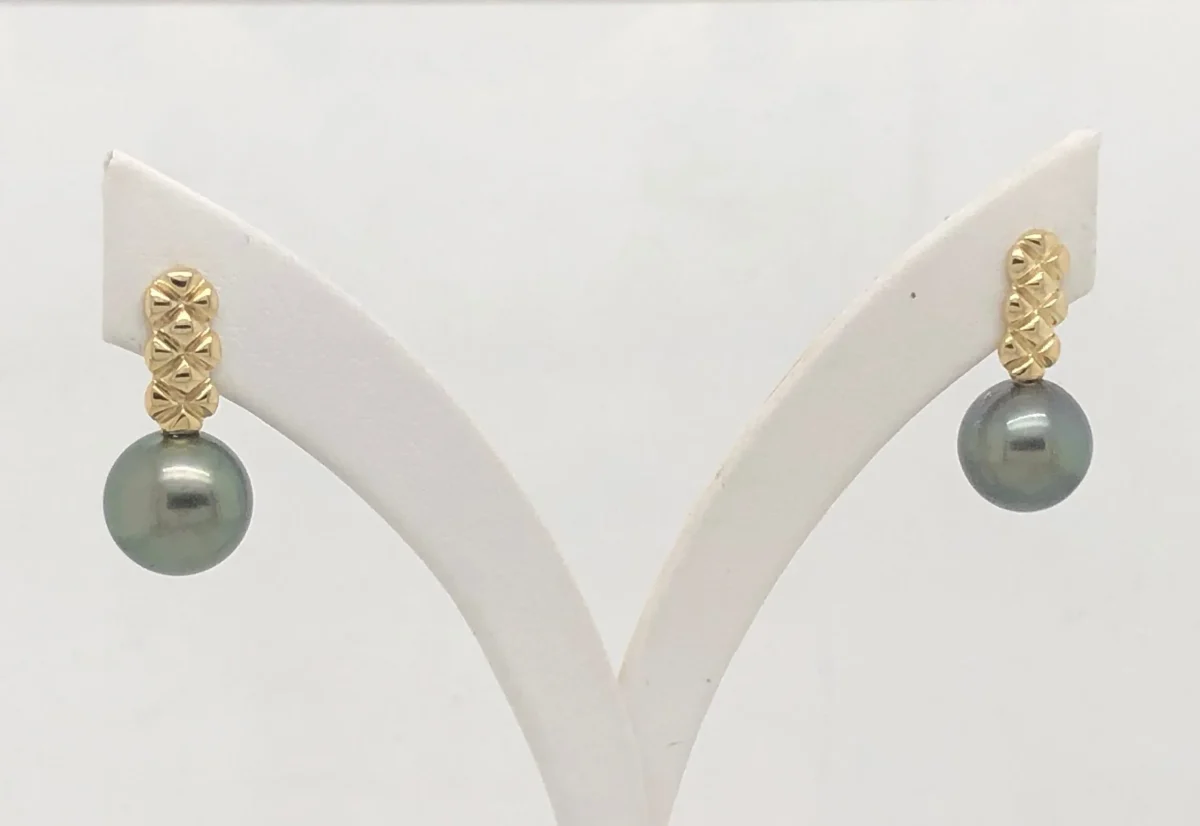 9ct Yellow Gold with Round Tahitian Black Pearl 9.0mm - 10.0mm Drop  Stud Earrings