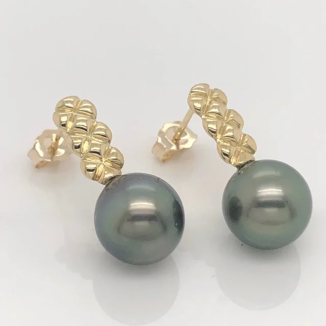 9ct Yellow Gold with Round Tahitian Black Pearl 9.0mm - 10.0mm Drop  Stud Earrings