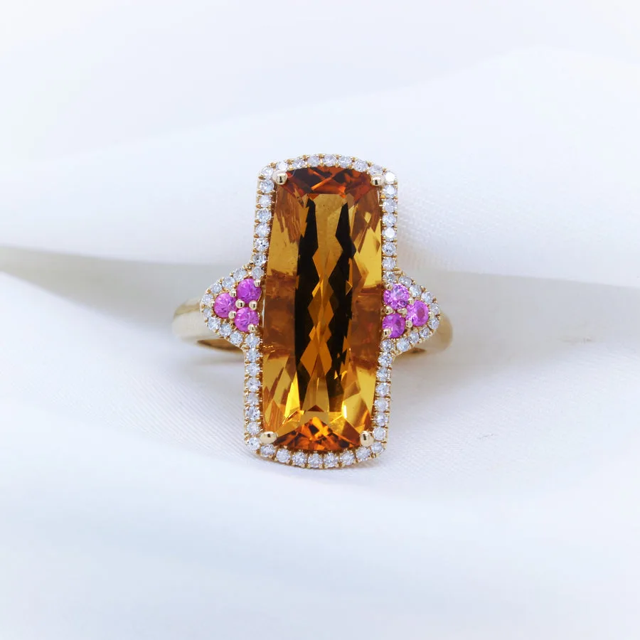 9YG Natural Citrine, Pink Sapphire & Diamond Ring