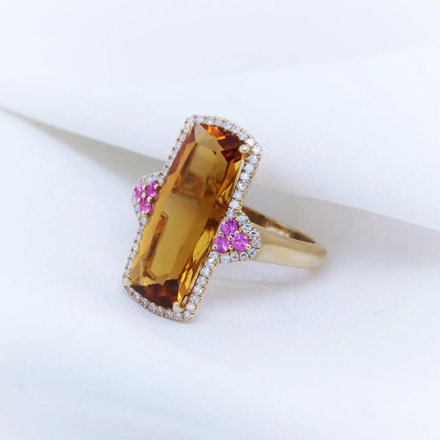 9YG Natural Citrine, Pink Sapphire & Diamond Ring
