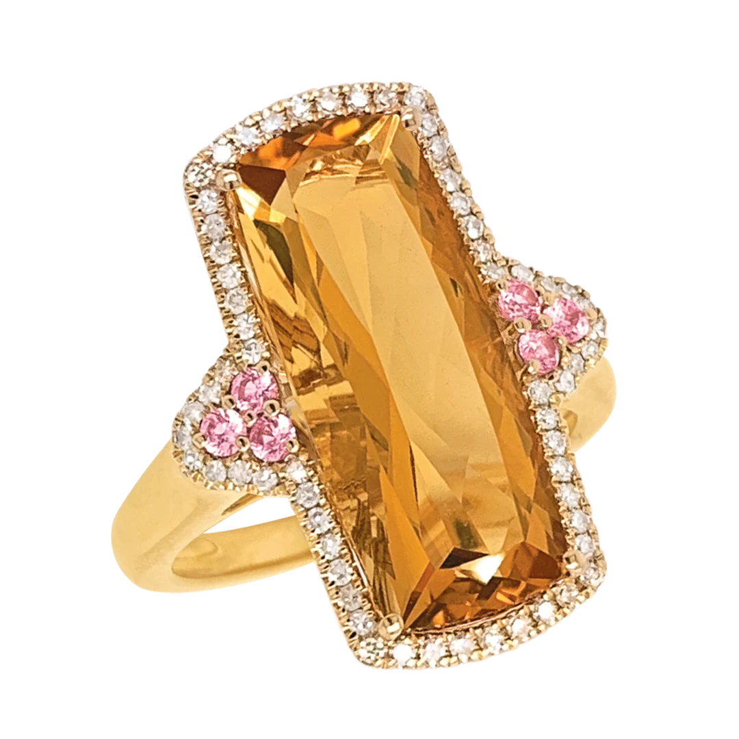 9YG Natural Citrine, Pink Sapphire & Diamond Ring