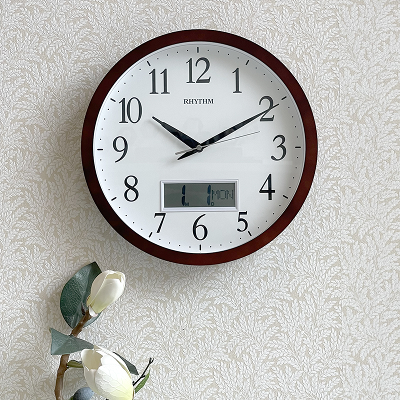 Rhythm Wooden Wall Clock 33.5cm – LCD Calendar - CFG903NR06