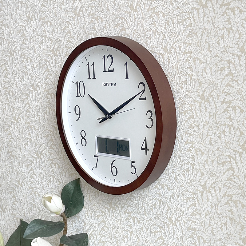 Rhythm Wooden Wall Clock 33.5cm – LCD Calendar - CFG903NR06