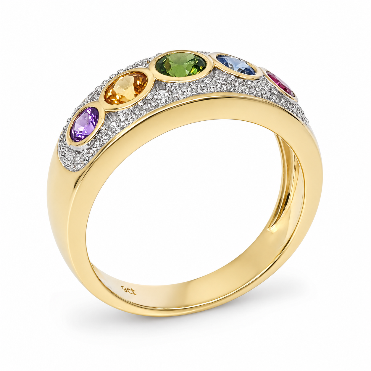 9ct Yellow Gold Multi-Colour Natural Sapphire & Diamond Dress Ring – 0.98ct Sapphire | 0.16ct Natural Diamond 9ct Yellow Gold Multi-Colour Natural Sapphire & Diamond Dress Ring – 0.98ct Sapphire | 0.16ct Natural Diamond