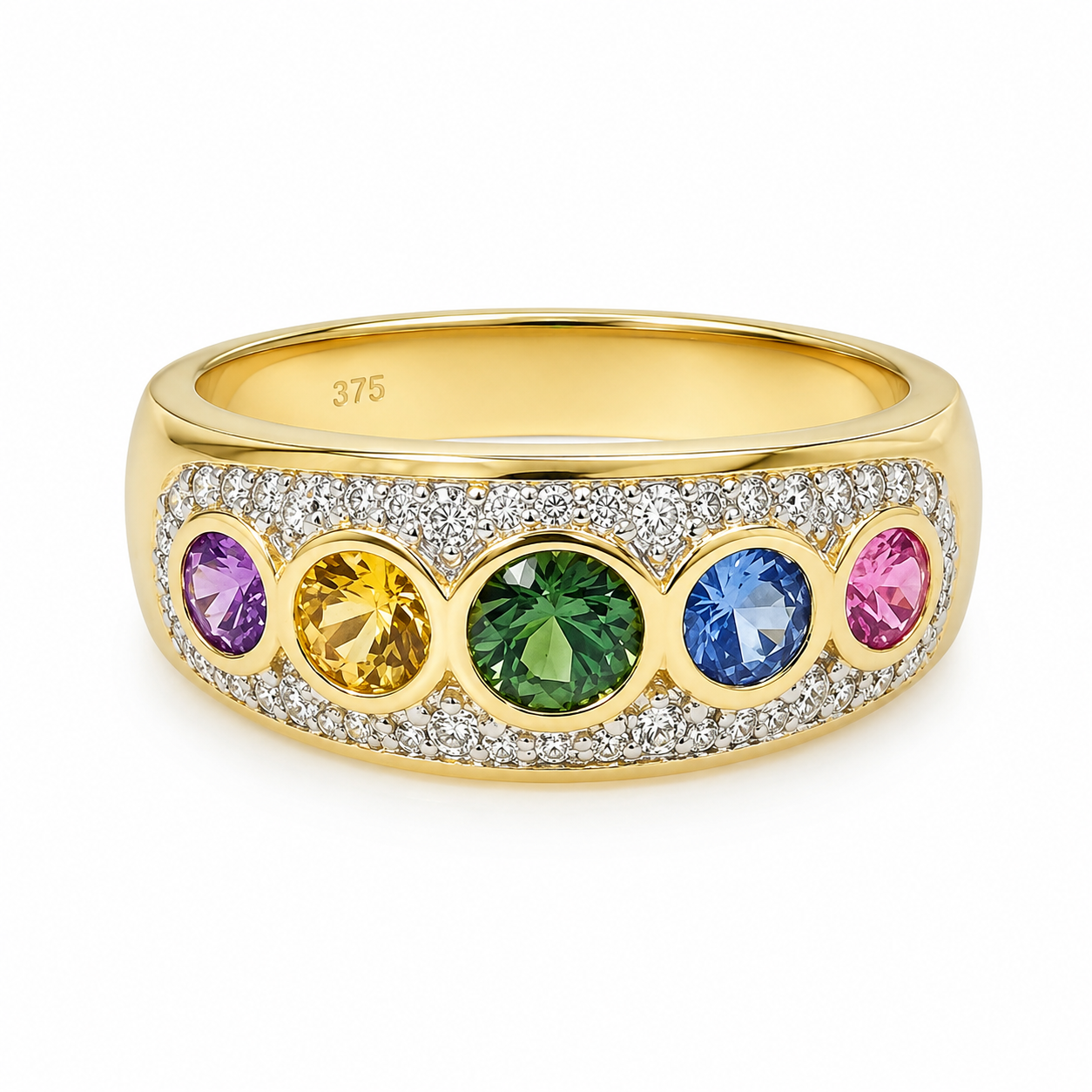 9ct Yellow Gold Multi-Colour Natural Sapphire & Diamond Dress Ring – 0.98ct Sapphire | 0.16ct Natural Diamond 9ct Yellow Gold Multi-Colour Natural Sapphire & Diamond Dress Ring – 0.98ct Sapphire | 0.16ct Natural Diamond