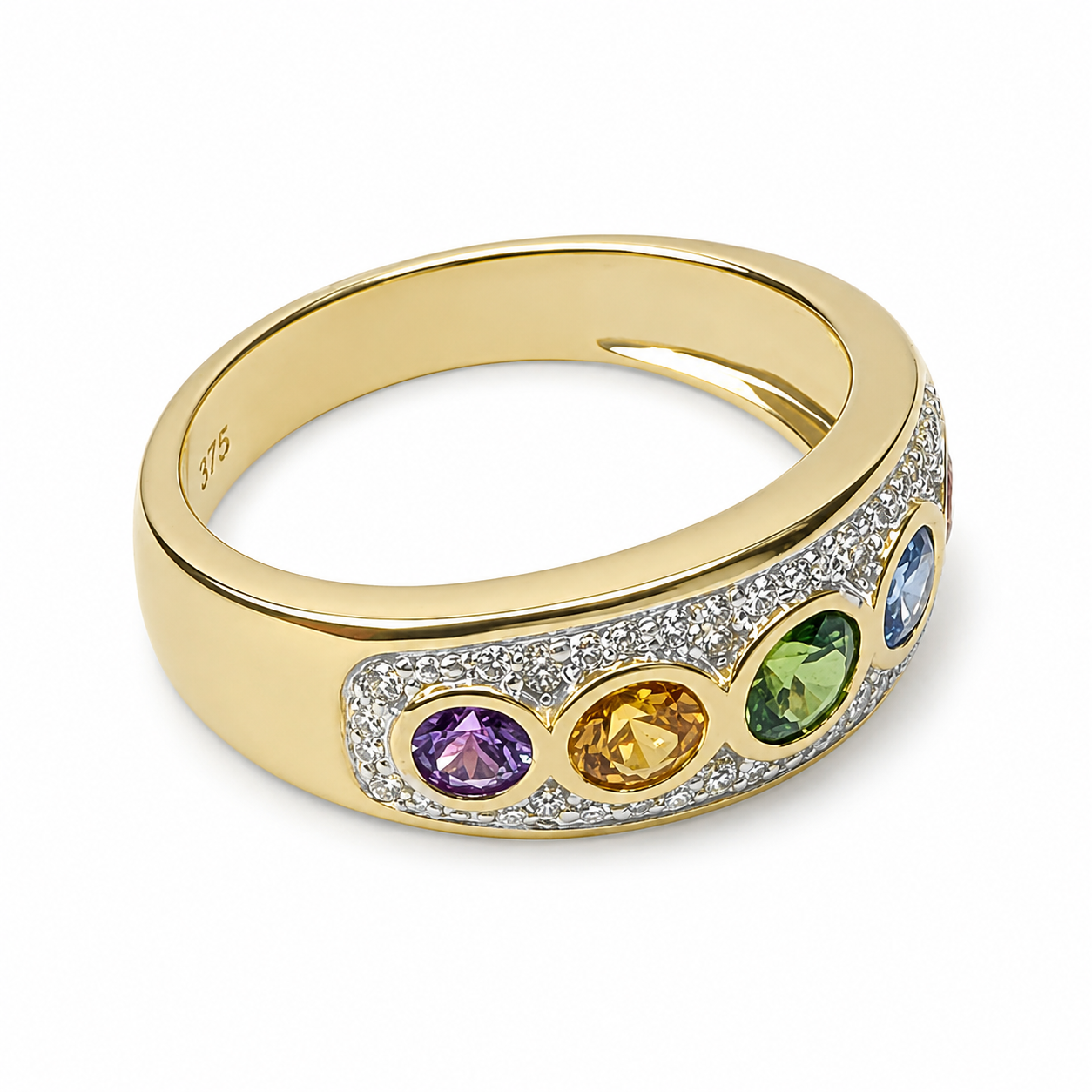 9ct Yellow Gold Multi-Colour Natural Sapphire & Diamond Dress Ring – 0.98ct Sapphire | 0.16ct Natural Diamond 9ct Yellow Gold Multi-Colour Natural Sapphire & Diamond Dress Ring – 0.98ct Sapphire | 0.16ct Natural Diamond