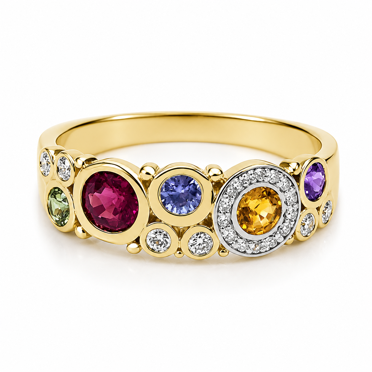 9ct Yellow Gold Multi-Coloured Natural Sapphire & Diamond Bubble Ring – 0.75ct Sapphire | 0.11ct Diamond 9ct Yellow Gold Multi-Coloured Natural Sapphire & Diamond Bubble Ring – 0.75ct Sapphire | 0.11ct Diamond