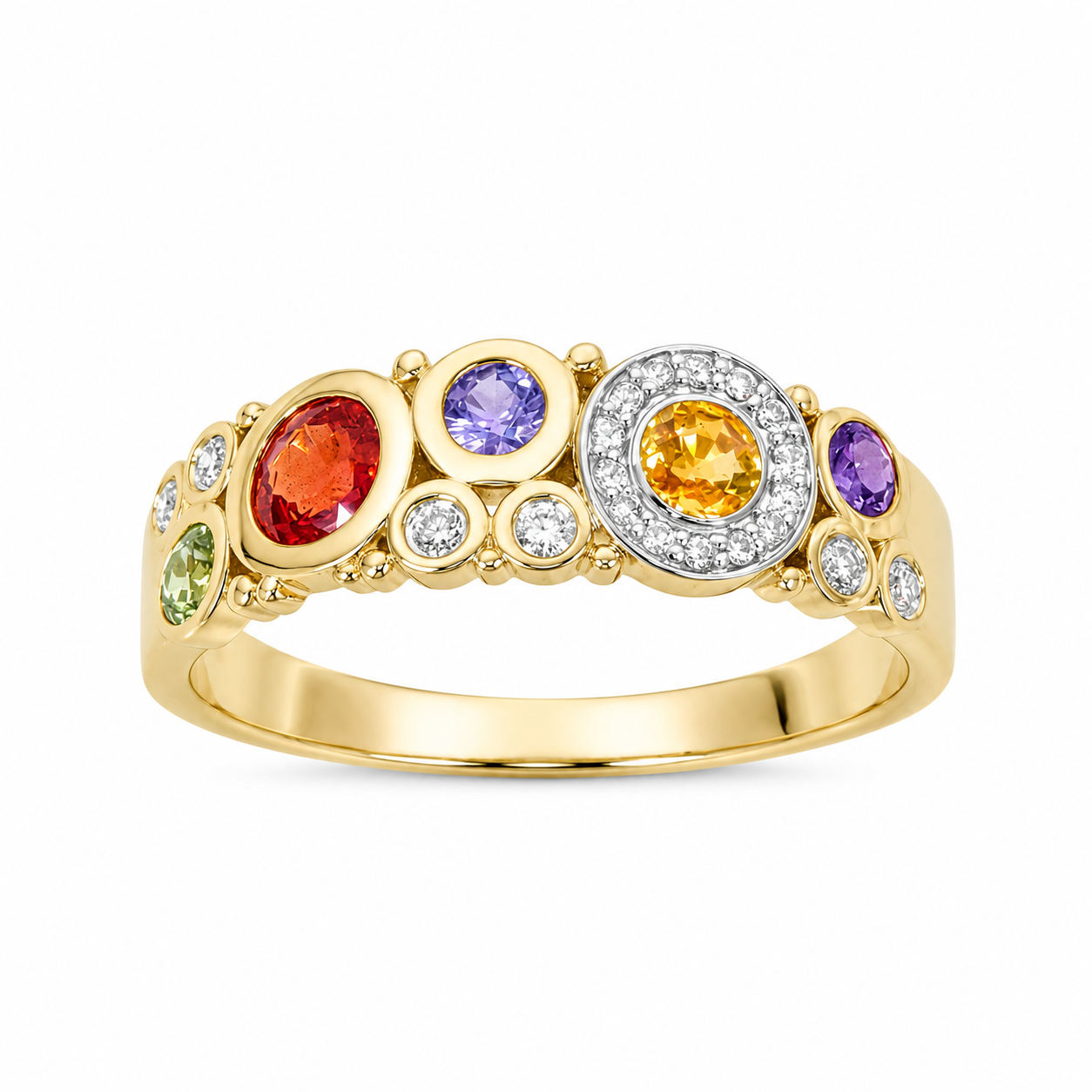9ct Yellow Gold Multi-Coloured Natural Sapphire & Diamond Bubble Ring – 0.75ct Sapphire | 0.11ct Diamond 9ct Yellow Gold Multi-Coloured Natural Sapphire & Diamond Bubble Ring – 0.75ct Sapphire | 0.11ct Diamond