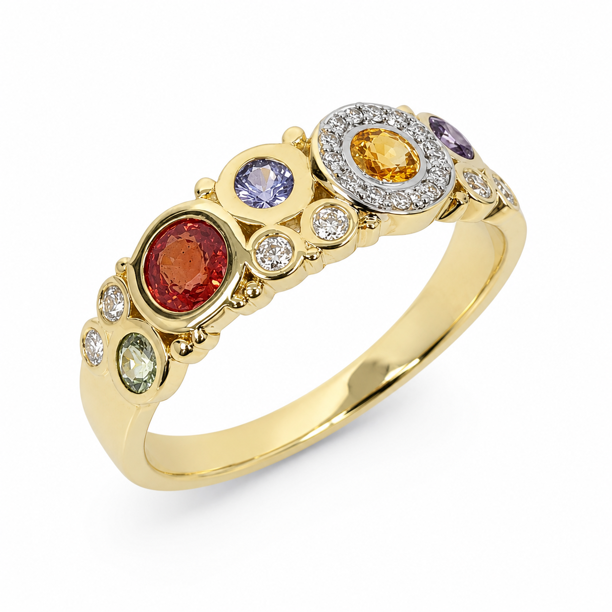 9ct Yellow Gold Multi-Coloured Natural Sapphire & Diamond Bubble Ring – 0.75ct Sapphire | 0.11ct Diamond 9ct Yellow Gold Multi-Coloured Natural Sapphire & Diamond Bubble Ring – 0.75ct Sapphire | 0.11ct Diamond