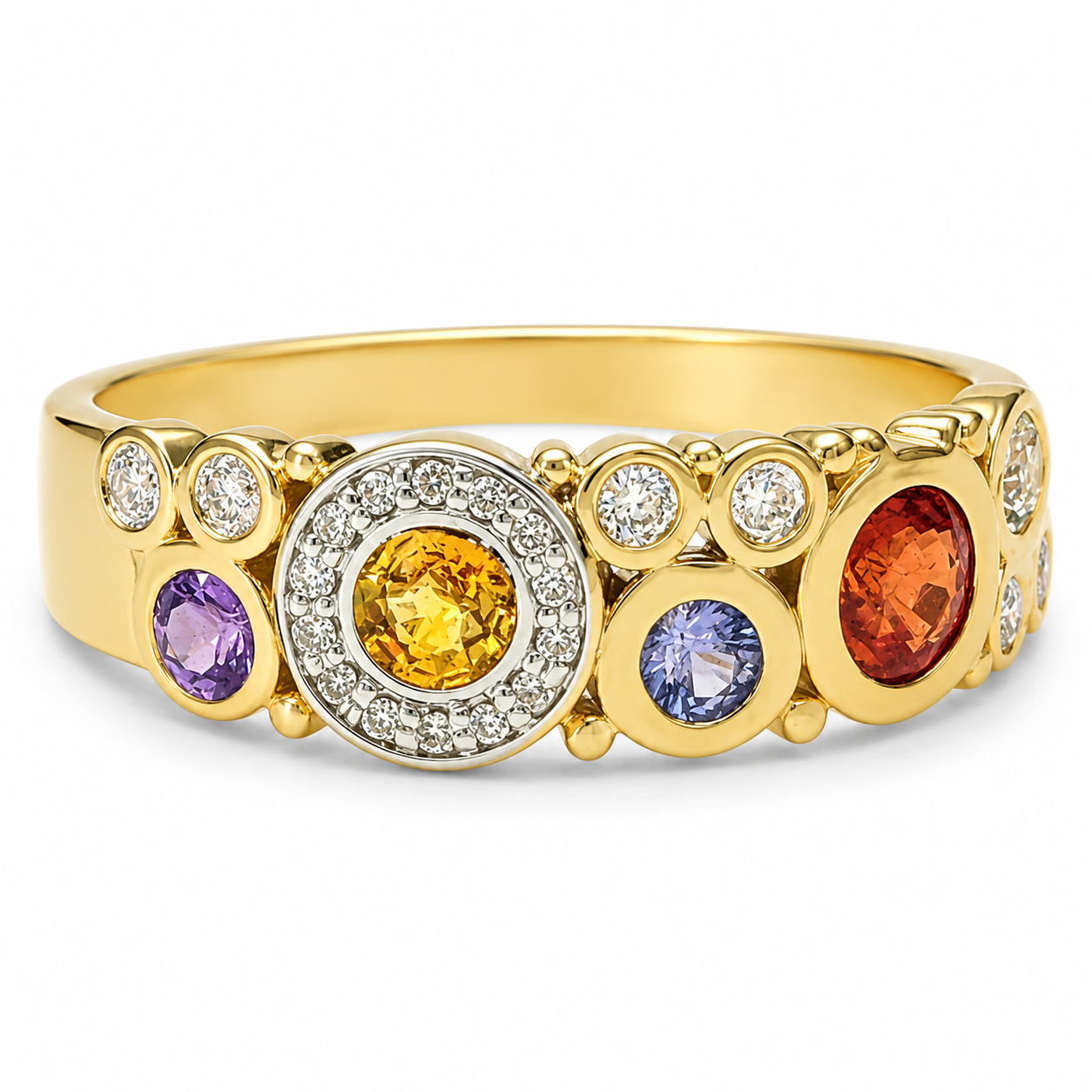 9ct Yellow Gold Multi-Coloured Natural Sapphire & Diamond Bubble Ring – 0.75ct Sapphire | 0.11ct Diamond 9ct Yellow Gold Multi-Coloured Natural Sapphire & Diamond Bubble Ring – 0.75ct Sapphire | 0.11ct Diamond