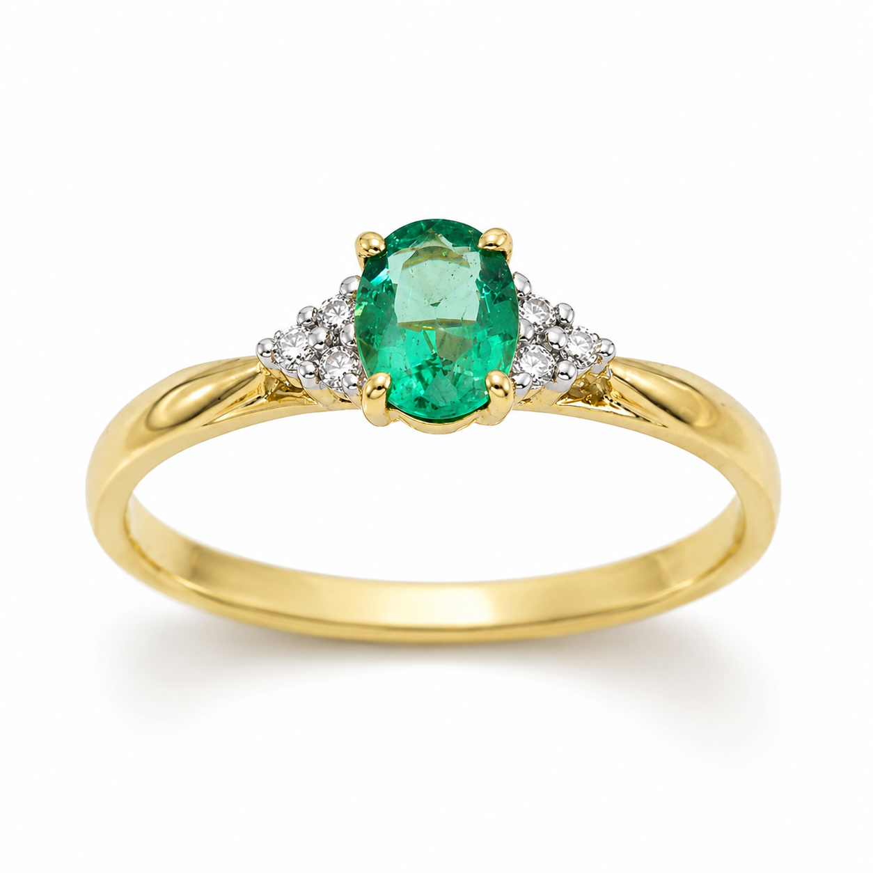 9ct Yellow Gold Natural Colombian Emerald & Diamond Ring – 0.33ct Oval Emerald with 0.05ct TDW Natural Diamonds 9ct Yellow Gold Natural Colombian Emerald & Diamond Ring – 0.33ct Oval Emerald with 0.05ct TDW Natural Diamonds