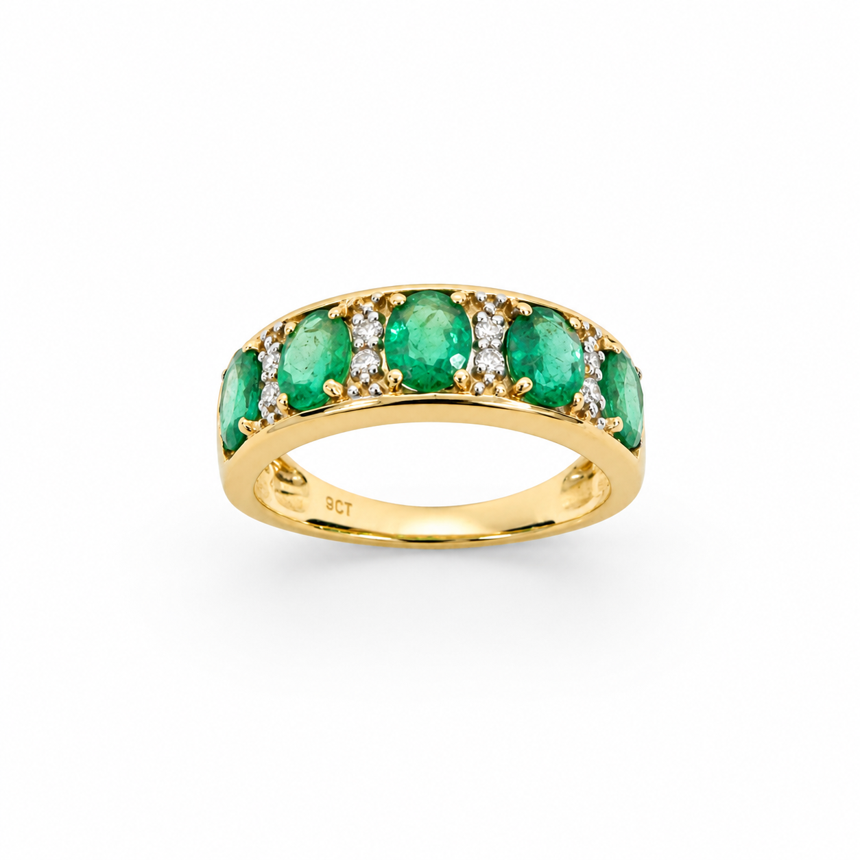 9ct Yellow Gold Natural Colombian Emerald & Diamond Band Ring – 1.61ct Emeralds with 0.09ct Natural Diamonds 9ct Yellow Gold Natural Colombian Emerald & Diamond Band Ring – 1.61ct Emeralds with 0.09ct Natural Diamonds