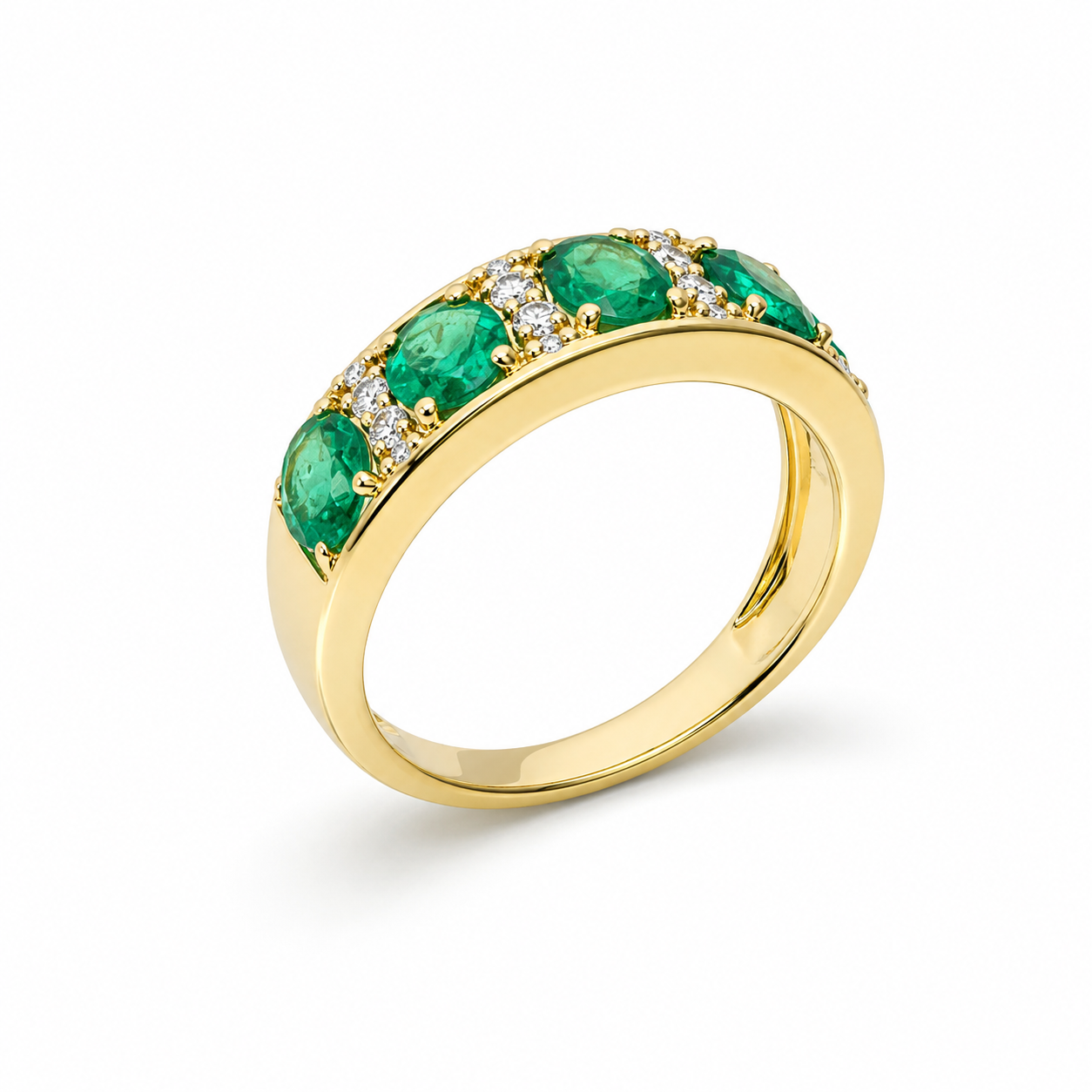 9ct Yellow Gold Natural Colombian Emerald & Diamond Band Ring – 1.61ct Emeralds with 0.09ct Natural Diamonds 9ct Yellow Gold Natural Colombian Emerald & Diamond Band Ring – 1.61ct Emeralds with 0.09ct Natural Diamonds