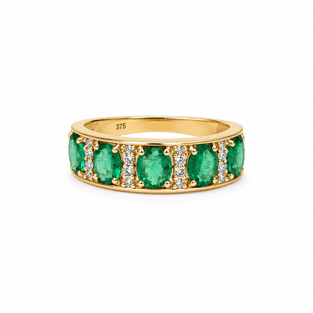 9ct Yellow Gold Natural Colombian Emerald & Diamond Band Ring – 1.61ct Emeralds with 0.09ct Natural Diamonds 9ct Yellow Gold Natural Colombian Emerald & Diamond Band Ring – 1.61ct Emeralds with 0.09ct Natural Diamonds