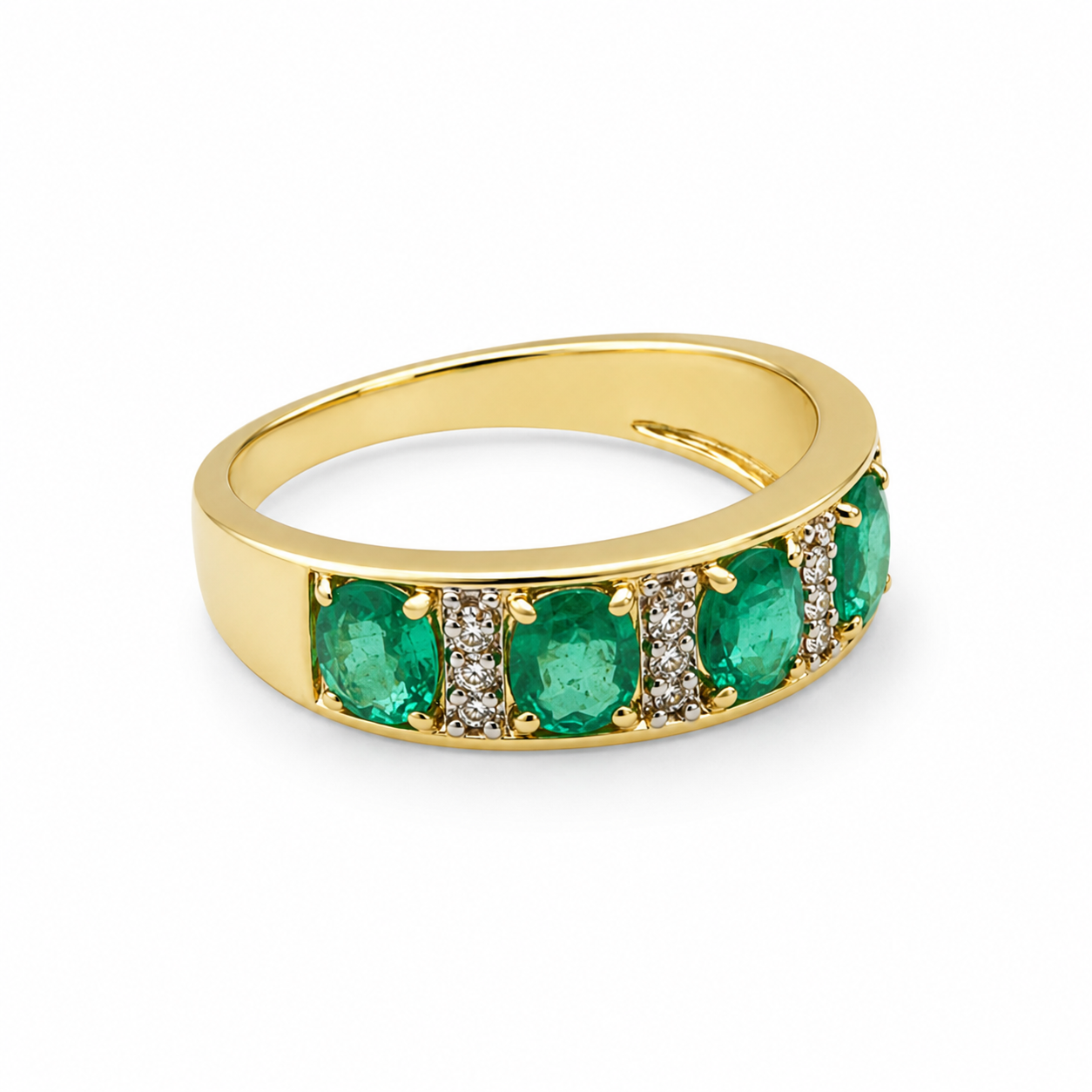 9ct Yellow Gold Natural Colombian Emerald & Diamond Band Ring – 1.61ct Emeralds with 0.09ct Natural Diamonds 9ct Yellow Gold Natural Colombian Emerald & Diamond Band Ring – 1.61ct Emeralds with 0.09ct Natural Diamonds