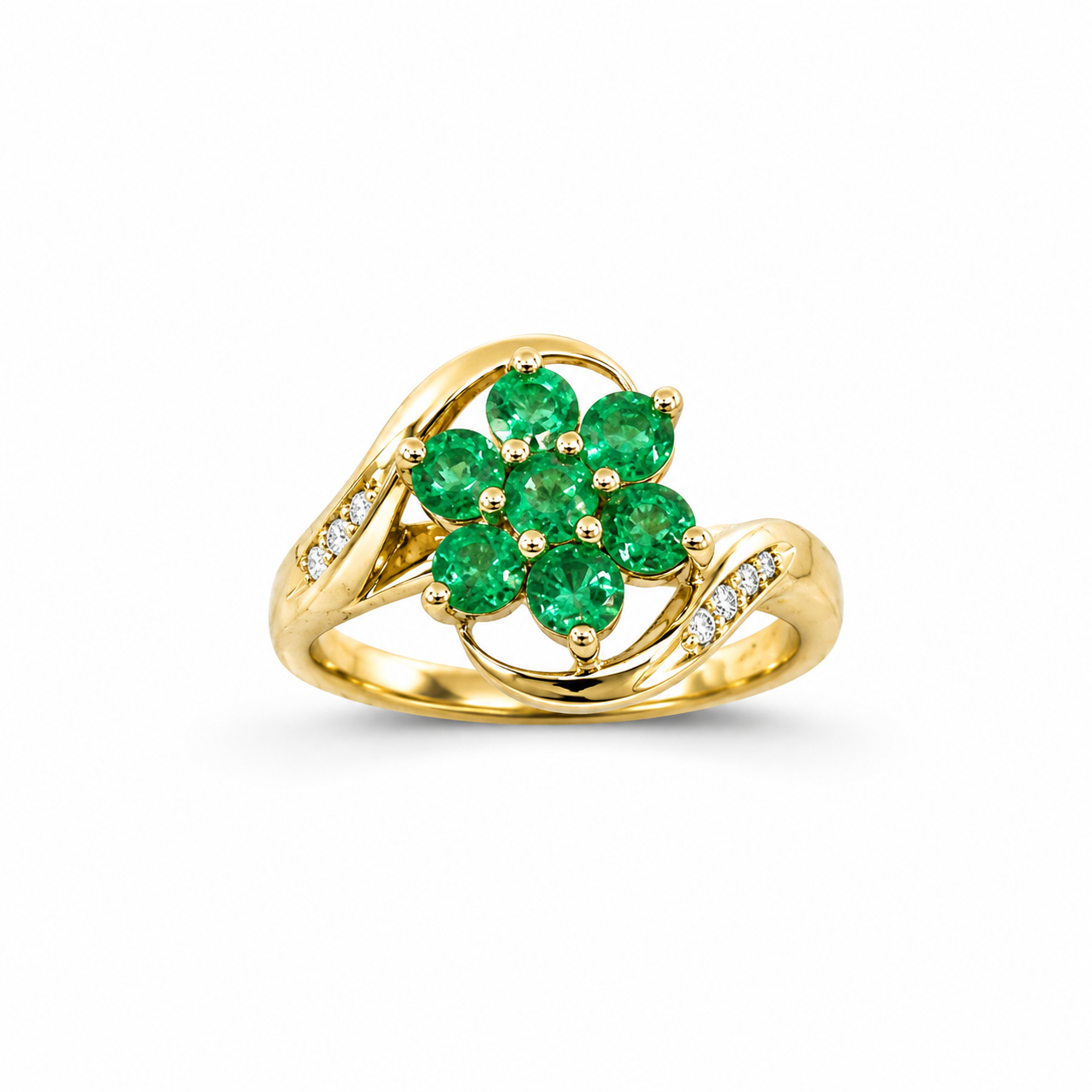 9ct Yellow Gold Natural Emerald Cluster & Diamond Ring – 0.73ct Emeralds with 0.04ct Natural Diamonds 9ct Yellow Gold Natural Emerald Cluster & Diamond Ring – 0.73ct Emeralds with 0.04ct Natural Diamonds