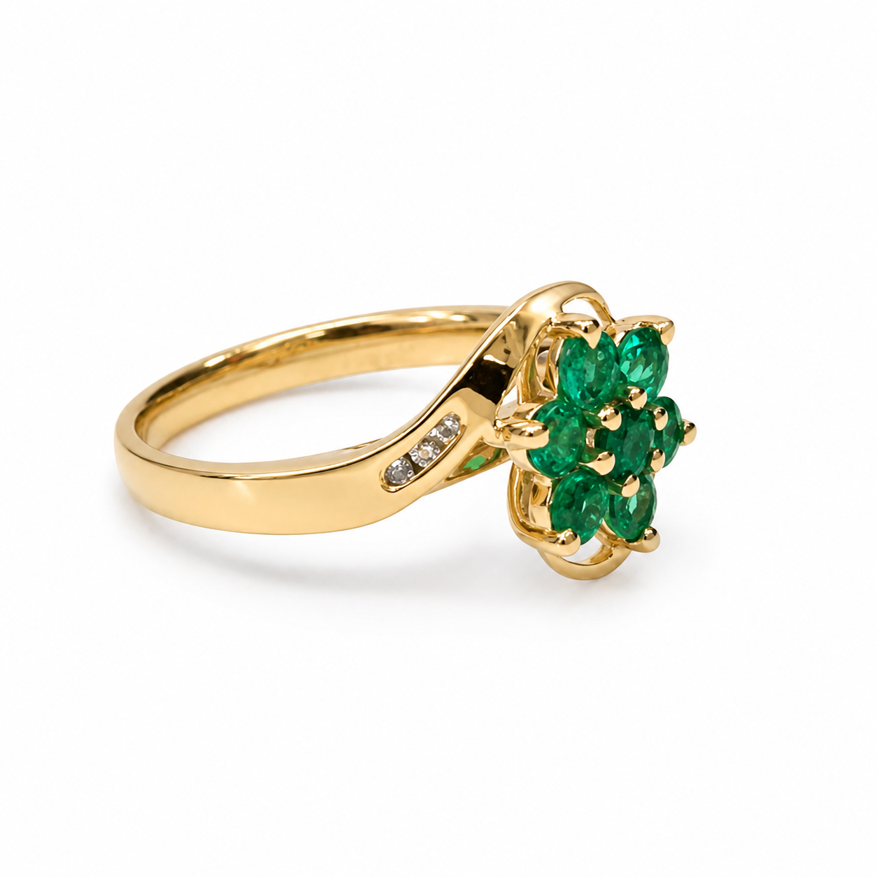 9ct Yellow Gold Natural Emerald Cluster & Diamond Ring – 0.73ct Emeralds with 0.04ct Natural Diamonds 9ct Yellow Gold Natural Emerald Cluster & Diamond Ring – 0.73ct Emeralds with 0.04ct Natural Diamonds