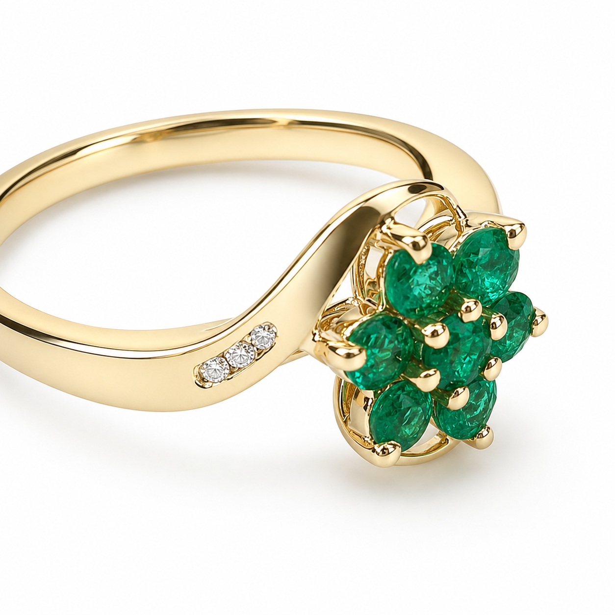 9ct Yellow Gold Natural Emerald Cluster & Diamond Ring – 0.73ct Emeralds with 0.04ct Natural Diamonds 9ct Yellow Gold Natural Emerald Cluster & Diamond Ring – 0.73ct Emeralds with 0.04ct Natural Diamonds