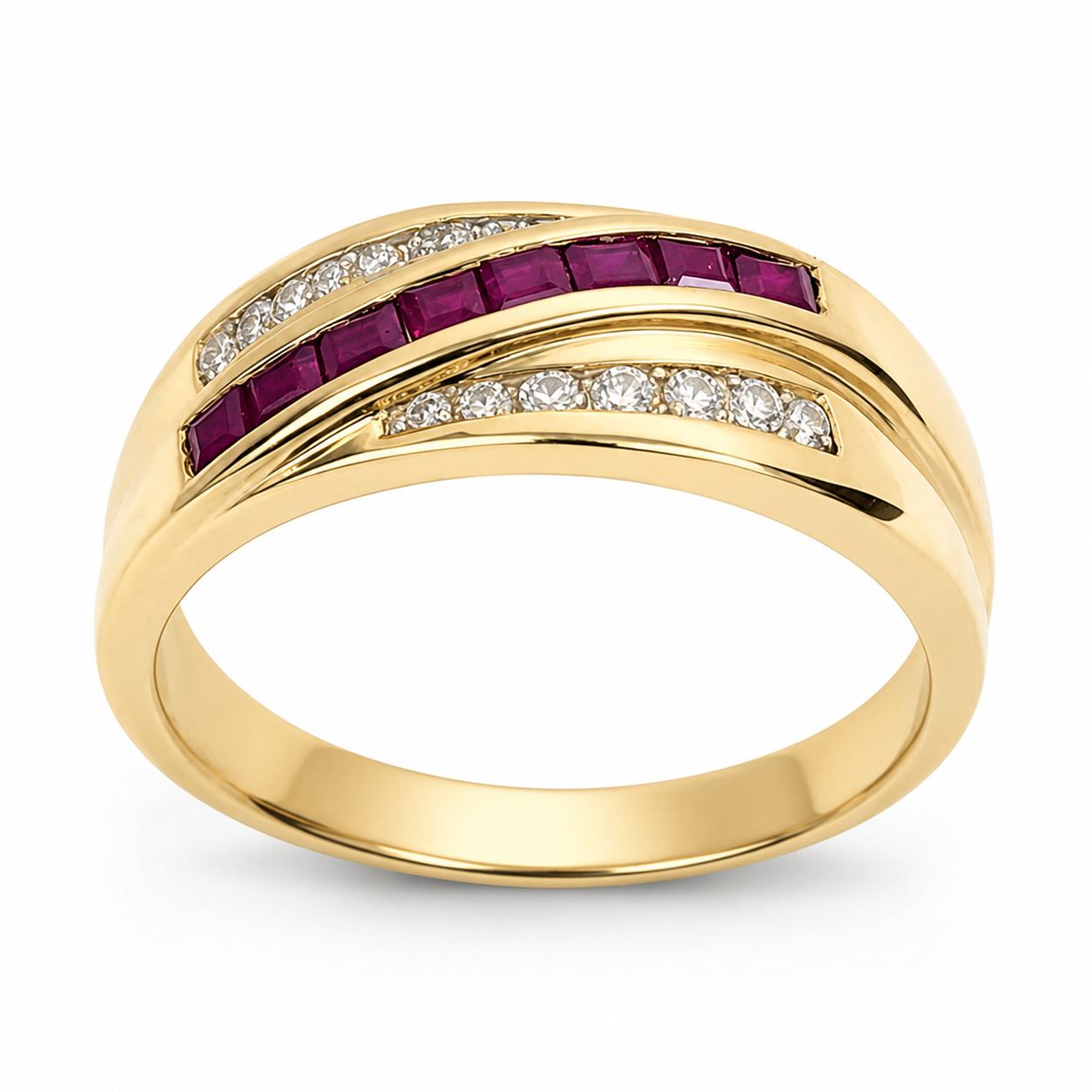 9ct Yellow Gold Natural Ruby & Diamond Dress Ring – 0.60ct Princess Cut Ruby & 0.26ct Natural Diamond Wave Design 9ct Yellow Gold Natural Ruby & Diamond Dress Ring – 0.60ct Princess Cut Ruby & 0.26ct Natural Diamond Wave Design
