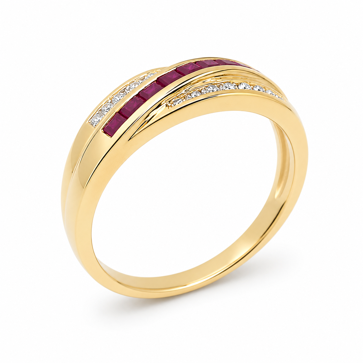 9ct Yellow Gold Natural Ruby & Diamond Dress Ring – 0.60ct Princess Cut Ruby & 0.26ct Natural Diamond Wave Design 9ct Yellow Gold Natural Ruby & Diamond Dress Ring – 0.60ct Princess Cut Ruby & 0.26ct Natural Diamond Wave Design