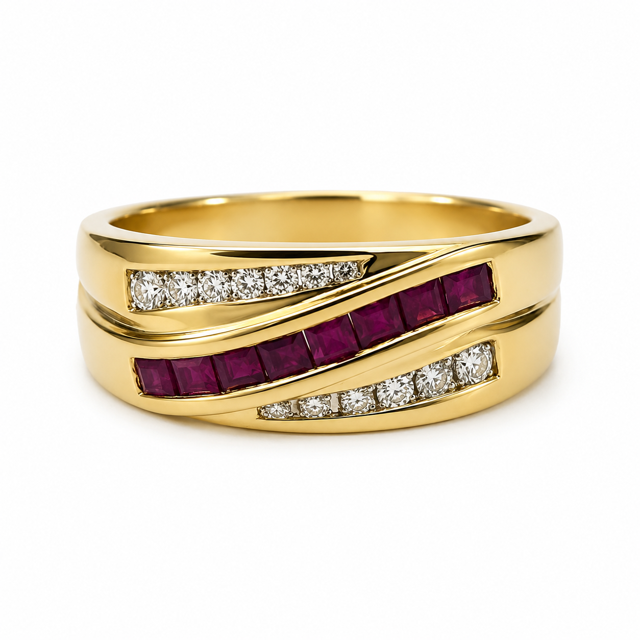 9ct Yellow Gold Natural Ruby & Diamond Dress Ring – 0.60ct Princess Cut Ruby & 0.26ct Natural Diamond Wave Design 9ct Yellow Gold Natural Ruby & Diamond Dress Ring – 0.60ct Princess Cut Ruby & 0.26ct Natural Diamond Wave Design