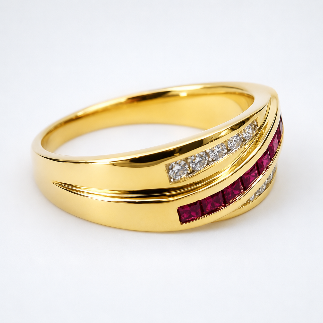 9ct Yellow Gold Natural Ruby & Diamond Dress Ring – 0.60ct Princess Cut Ruby & 0.26ct Natural Diamond Wave Design 9ct Yellow Gold Natural Ruby & Diamond Dress Ring – 0.60ct Princess Cut Ruby & 0.26ct Natural Diamond Wave Design