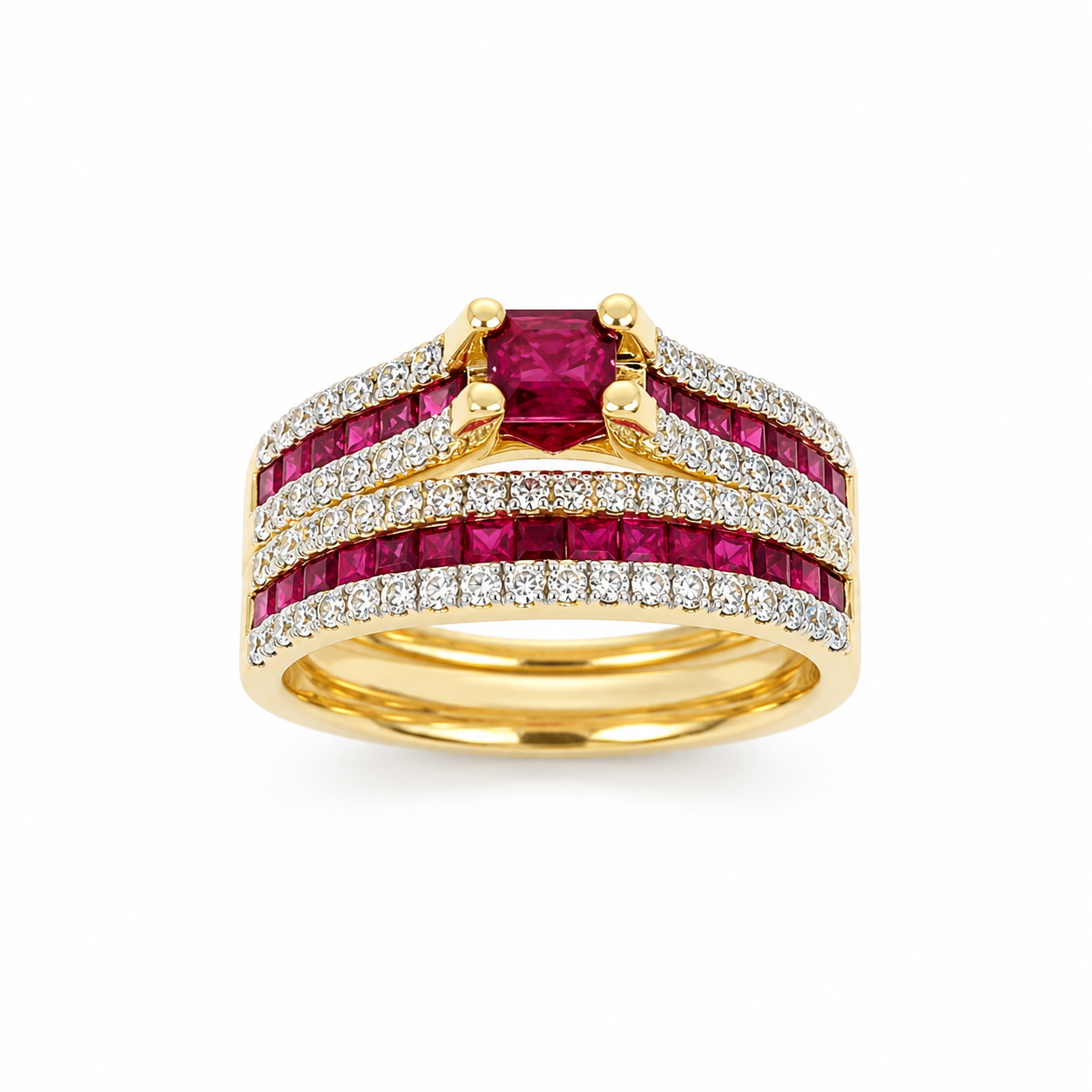 9ct Yellow Gold Natural Ruby & Diamond Bridal Ring Set – 1.38ct Rubies & 0.59ct Diamonds | 2 Piece Wedding, Engagement & Anniversary Set  