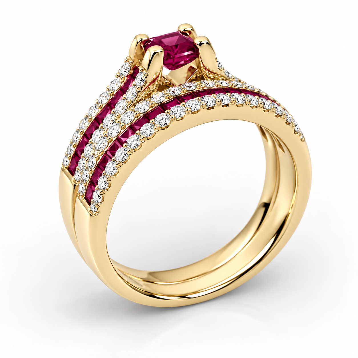 9ct Yellow Gold Natural Ruby & Diamond Bridal Ring Set – 1.38ct Rubies & 0.59ct Diamonds | 2 Piece Wedding, Engagement & Anniversary Set 9ct Yellow Gold Natural Ruby & Diamond Bridal Ring Set – 1.38ct Rubies & 0.59ct Diamonds | 2 Piece Wedding, Engagement & Anniversary Set