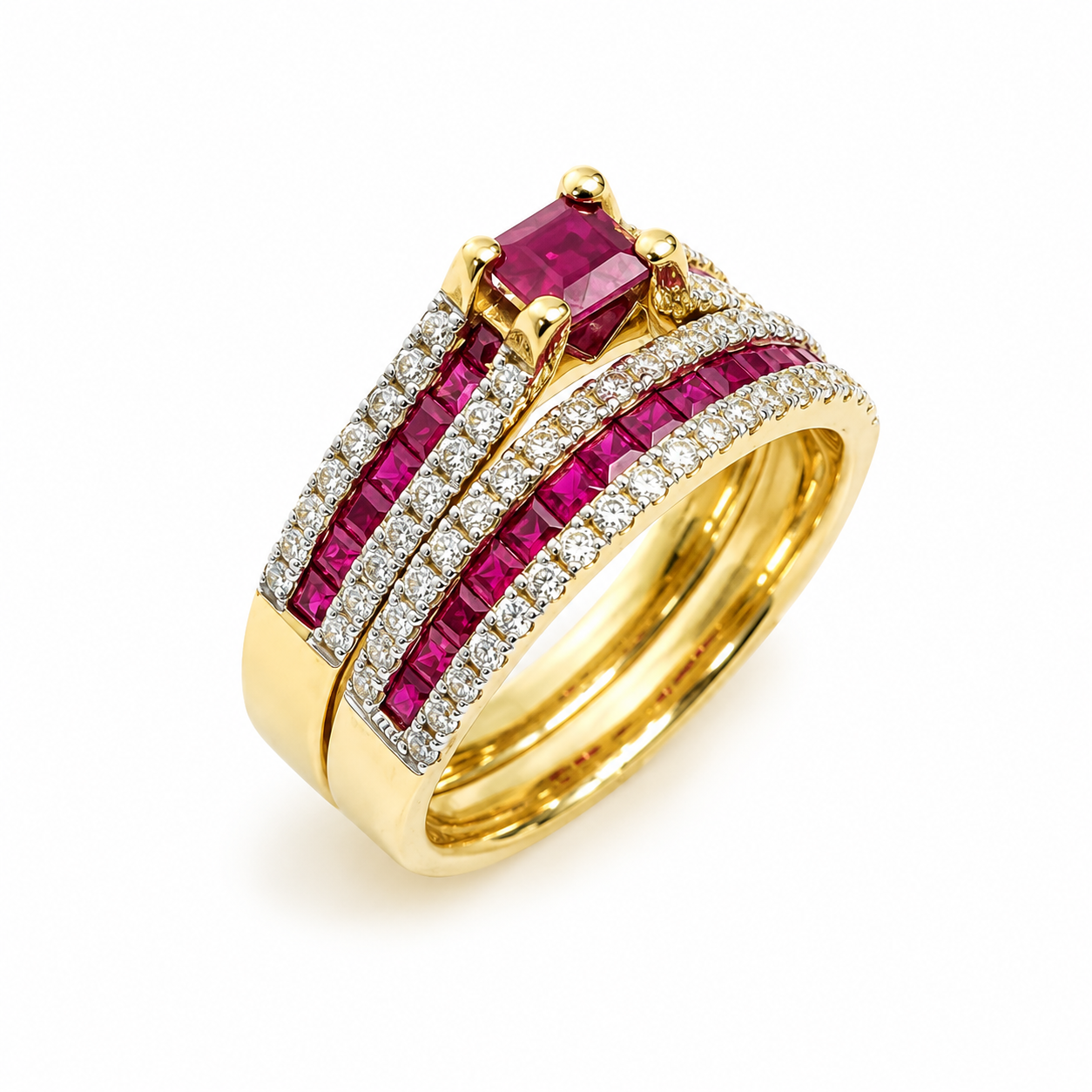 9ct Yellow Gold Natural Ruby & Diamond Bridal Ring Set – 1.38ct Rubies & 0.59ct Diamonds | 2 Piece Wedding, Engagement & Anniversary Set 9ct Yellow Gold Natural Ruby & Diamond Bridal Ring Set – 1.38ct Rubies & 0.59ct Diamonds | 2 Piece Wedding, Engagement & Anniversary Set
