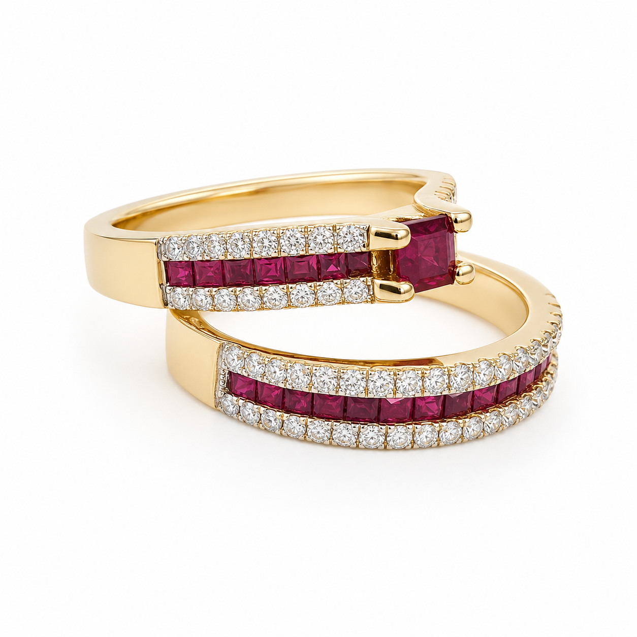 9ct Yellow Gold Natural Ruby & Diamond Bridal Ring Set – 1.38ct Rubies & 0.59ct Diamonds | 2 Piece Wedding, Engagement & Anniversary Set 9ct Yellow Gold Natural Ruby & Diamond Bridal Ring Set – 1.38ct Rubies & 0.59ct Diamonds | 2 Piece Wedding, Engagement & Anniversary Set