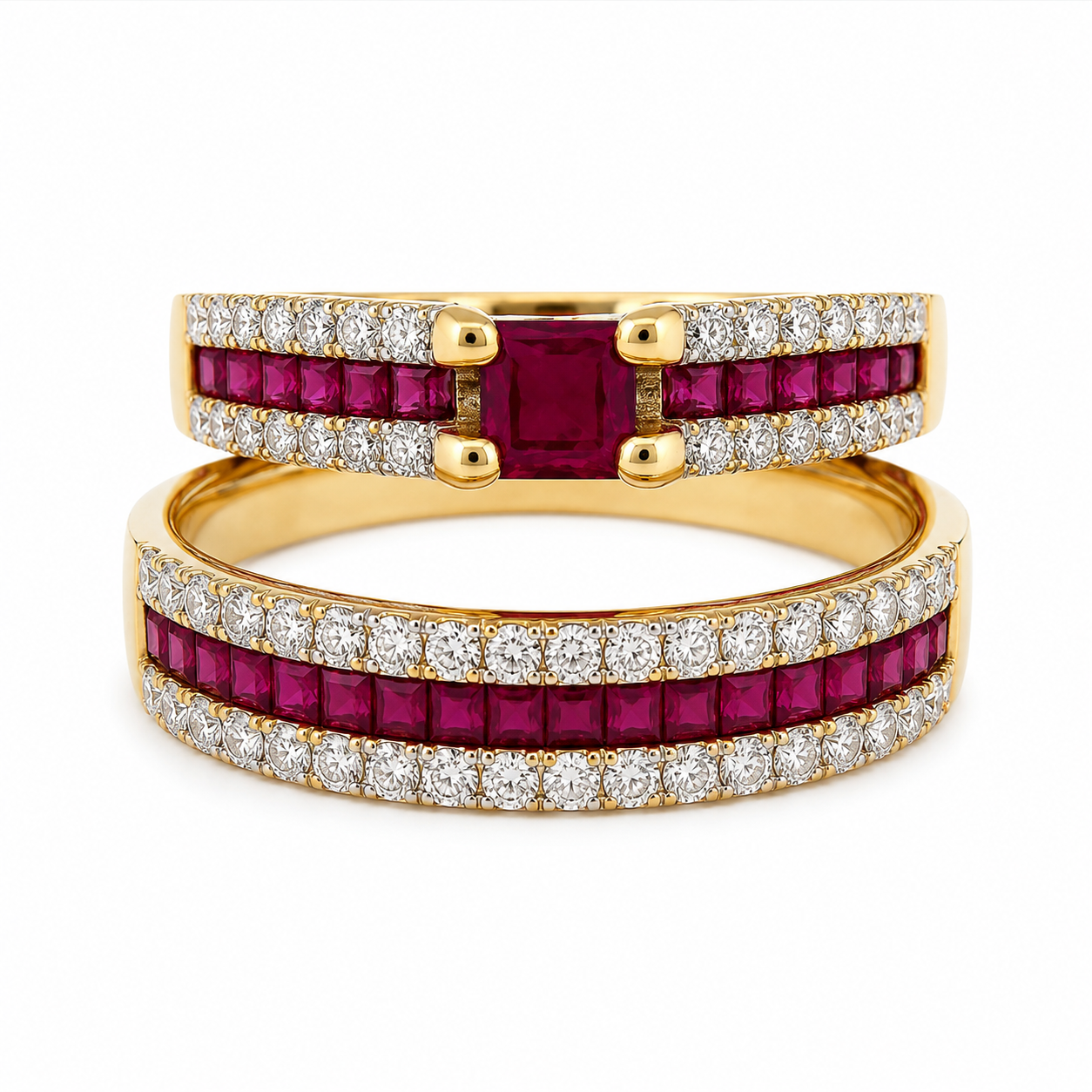9ct Yellow Gold Natural Ruby & Diamond Bridal Ring Set – 1.38ct Rubies & 0.59ct Diamonds | 2 Piece Wedding, Engagement & Anniversary Set 9ct Yellow Gold Natural Ruby & Diamond Bridal Ring Set – 1.38ct Rubies & 0.59ct Diamonds | 2 Piece Wedding, Engagement & Anniversary Set