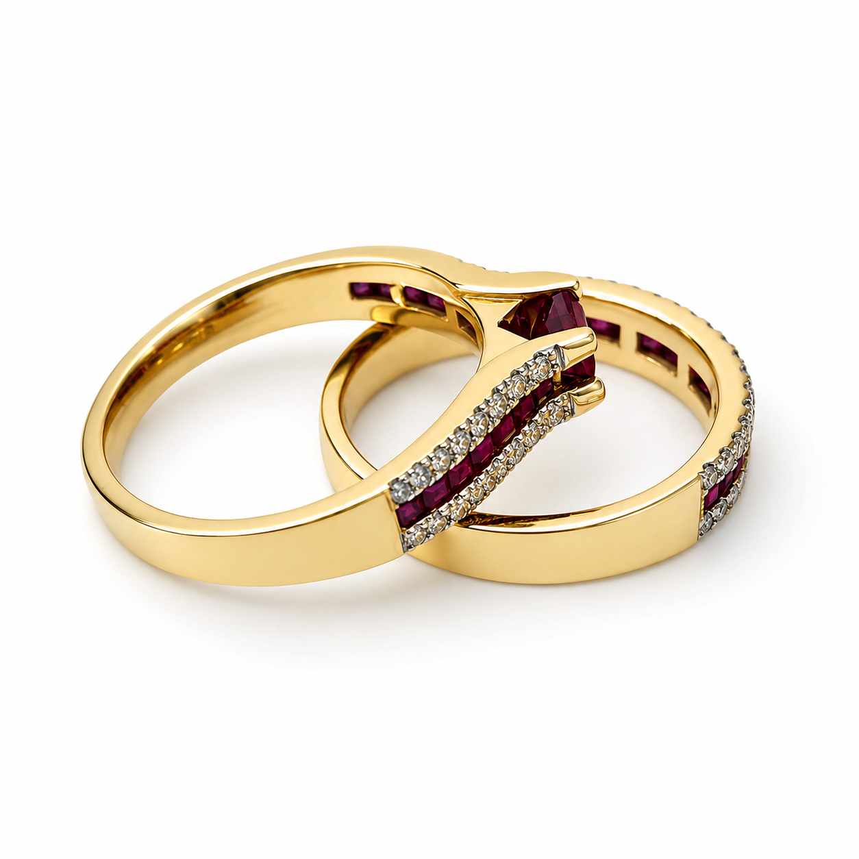 9ct Yellow Gold Natural Ruby & Diamond Bridal Ring Set – 1.38ct Rubies & 0.59ct Diamonds | 2 Piece Wedding, Engagement & Anniversary Set 9ct Yellow Gold Natural Ruby & Diamond Bridal Ring Set – 1.38ct Rubies & 0.59ct Diamonds | 2 Piece Wedding, Engagement & Anniversary Set