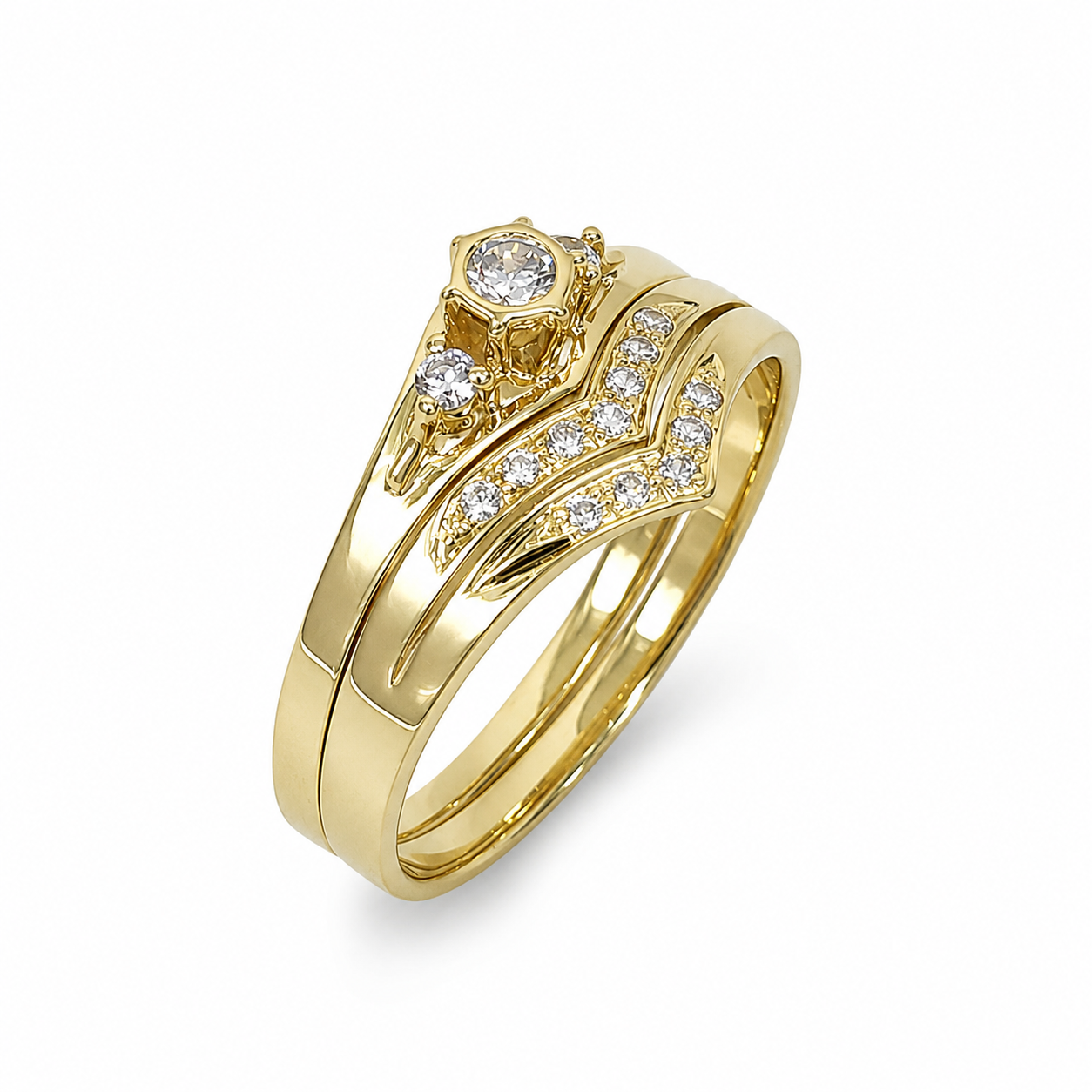 9ct Yellow Gold Cubic Zirconia 2 Piece Bridal Ring Set – Three Stone Engagement Ring with Split Chevron Wedding Band  