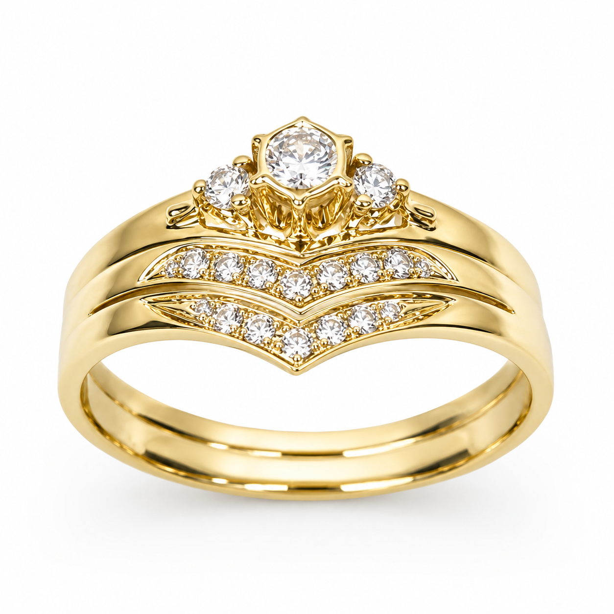 9ct Yellow Gold Cubic Zirconia 2 Piece Bridal Ring Set – Three Stone Engagement Ring with Split Chevron Wedding Band 9ct Yellow Gold Cubic Zirconia 2 Piece Bridal Ring Set – Three Stone Engagement Ring with Split Chevron Wedding Band