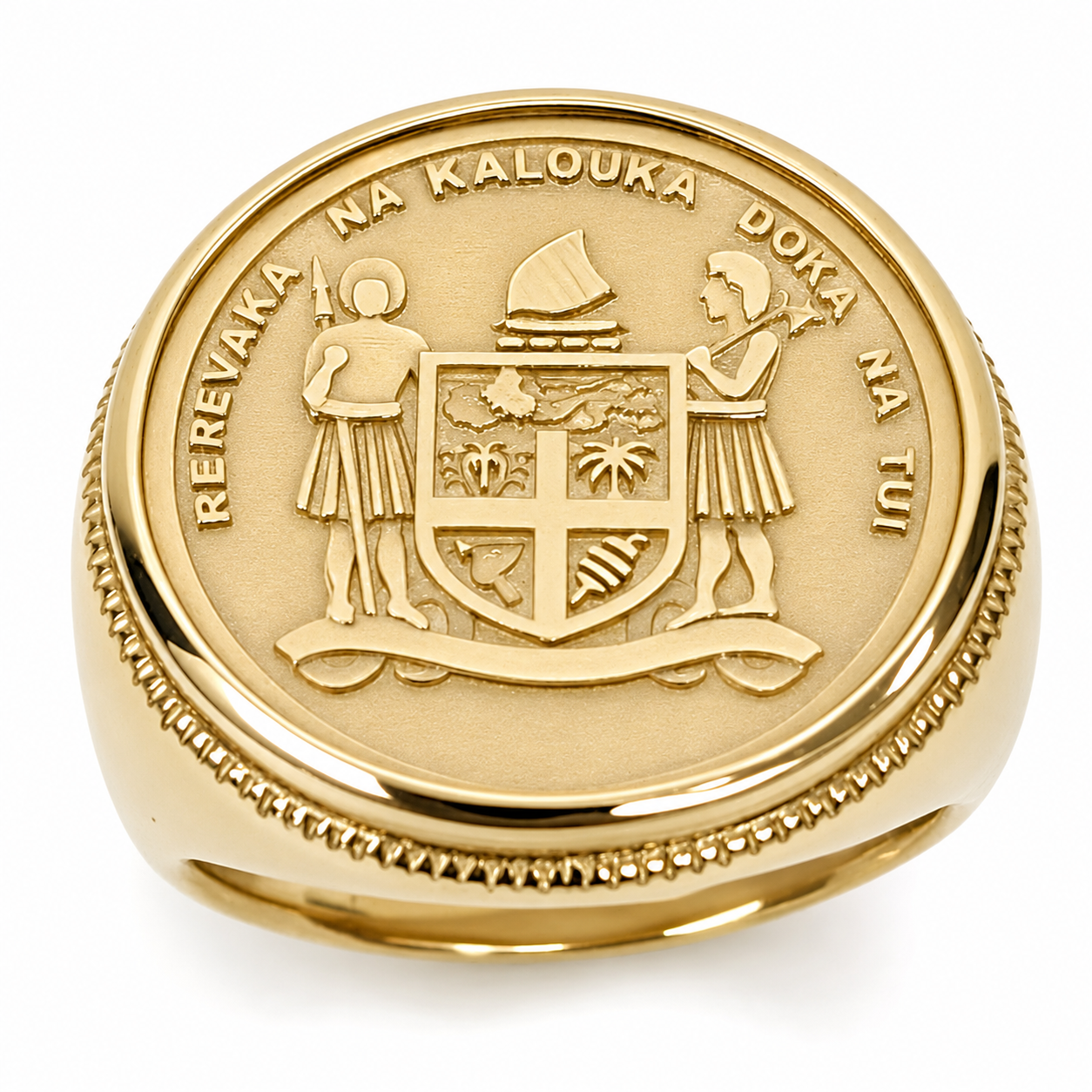 9ct Yellow Gold Fijian Coat of Arms Coin Signet Ring – Solid Gold Coin Insert – 15.12g Greenstone?Jewellery 