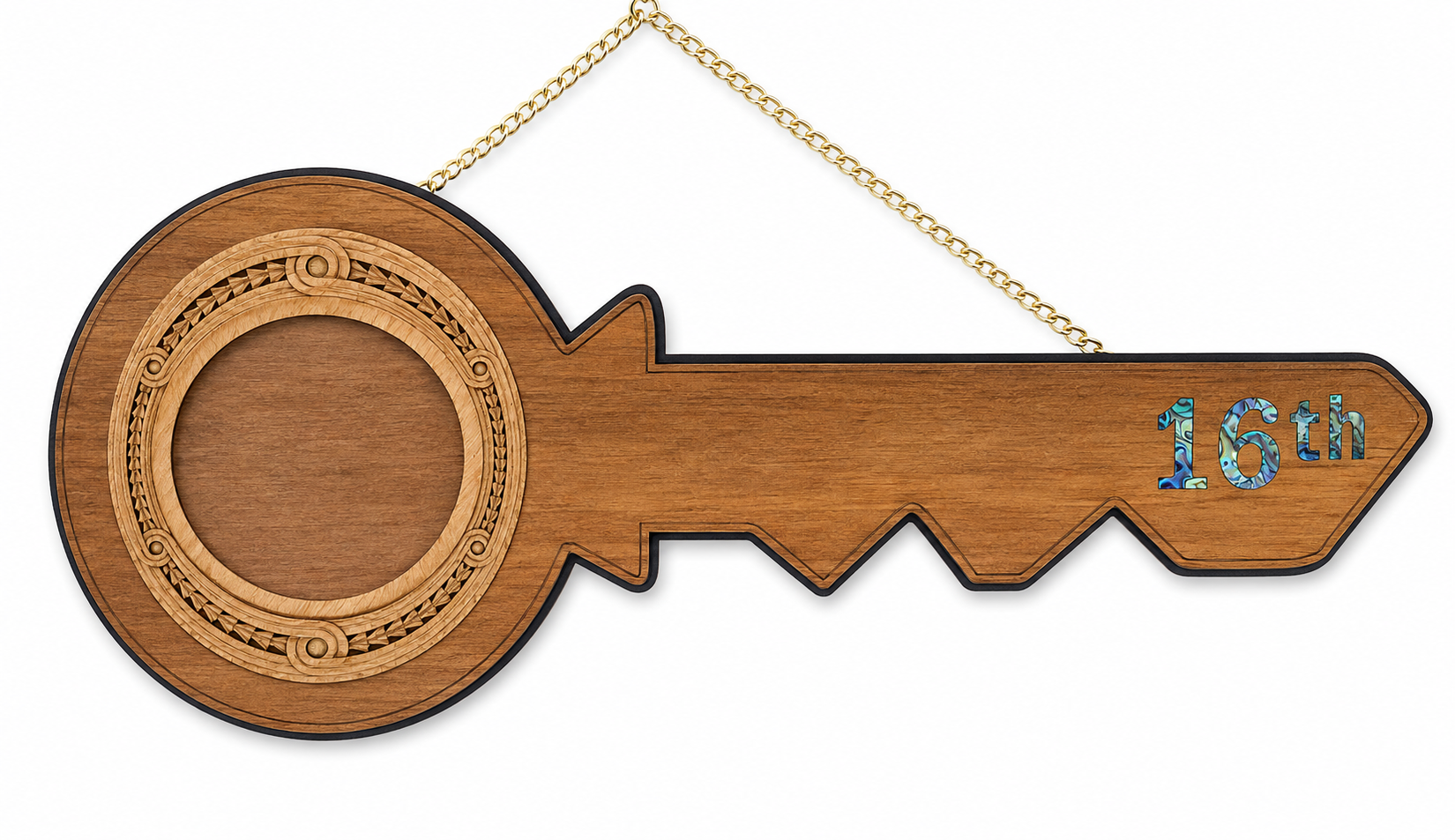 16th Birthday New Zealand Rimu Key with Paua Inlay – 21PP-16 Sterling Silver Chains 
