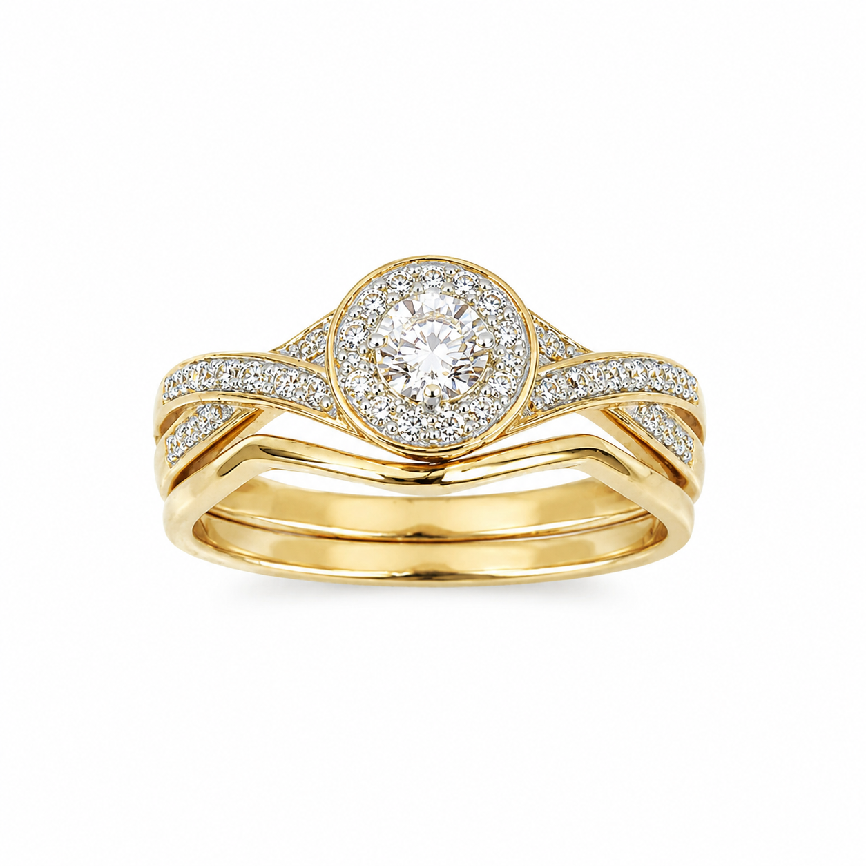 10ct Yellow Gold 0.25ct Natural Diamond Round Halo 2-Piece Bridal Set Ring - RD2376 Sterling Silver Chains 
