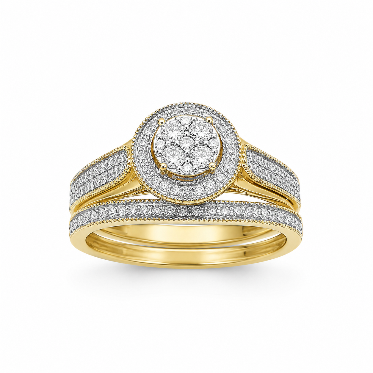 10ct Yellow Gold 0.33ct Natural Diamond Cluster Halo 2-Piece Bridal Set Ring - RD2066 Sterling Silver Chains 