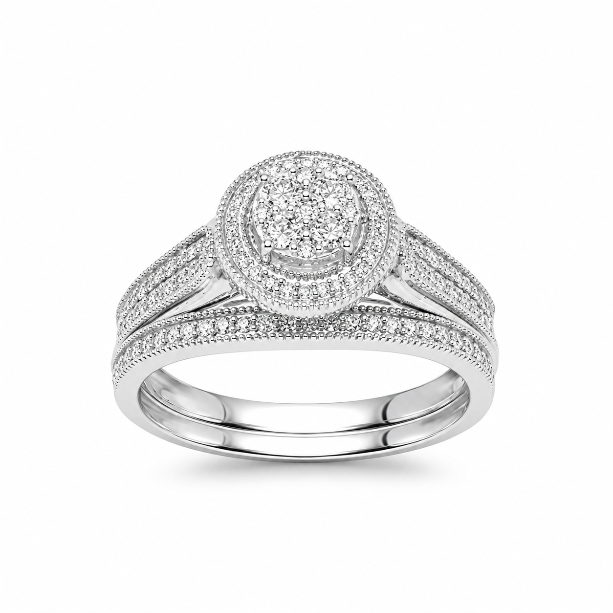 10ct White Gold 0.33ct Natural Diamond Cluster Halo 2-Piece Bridal Set Ring - RD2066W Sterling Silver Chains 