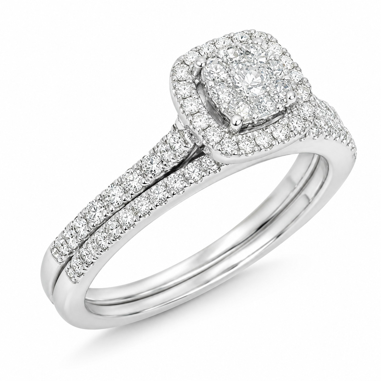10ct White Gold 0.50ct Natural Diamond Cushion Halo 2-Piece Bridal Set Ring - RD2322W Sterling Silver Chains 