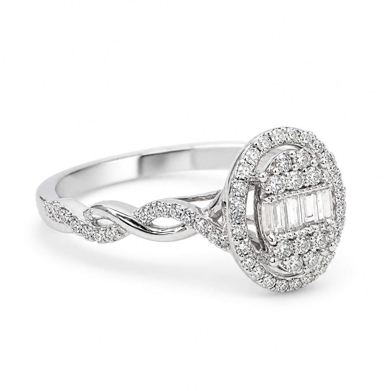 10ct White Gold 0.25ct Natural Diamond Oval Halo Engagement Ring – Round & Baguette Diamonds - RD2047W Sterling Silver Chains 