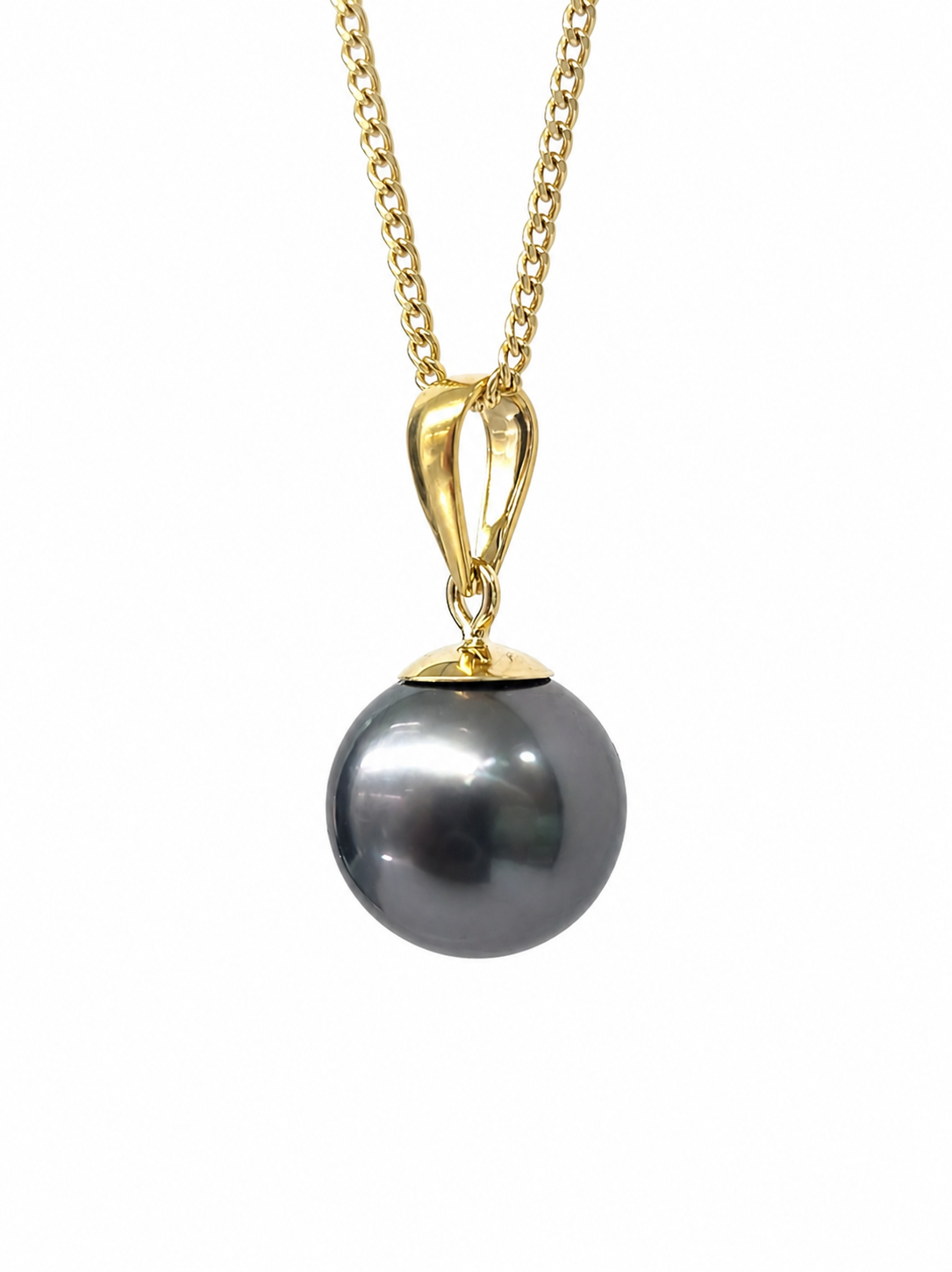 9ct Yellow Gold Tahitian Black Pearl Pendant 9–10mm Round Pearl - 9YGDRZ Sterling Silver Chains 9ct Yellow Gold Tahitian Black Pearl Pendant 9–10mm Round Pearl - 9YGDRZ Sterling Silver Chains