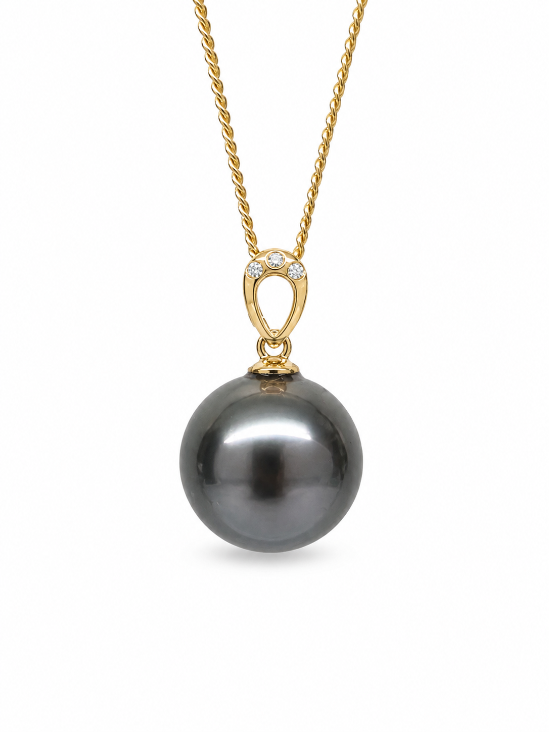 9ct Yellow Gold Diamond Tahitian Black Pearl Pendant – 12mm Round Pearl - 9YGDTZ Sterling Silver Chains 9ct Yellow Gold Diamond Tahitian Black Pearl Pendant – 12mm Round Pearl - 9YGDTZ Sterling Silver Chains