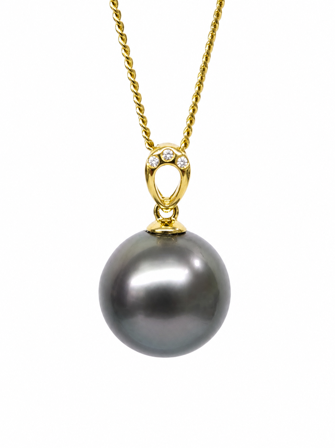 9ct Yellow Gold Diamond Tahitian Black Pearl Pendant – 12mm Round Pearl - 9YGDTZ Sterling Silver Chains 