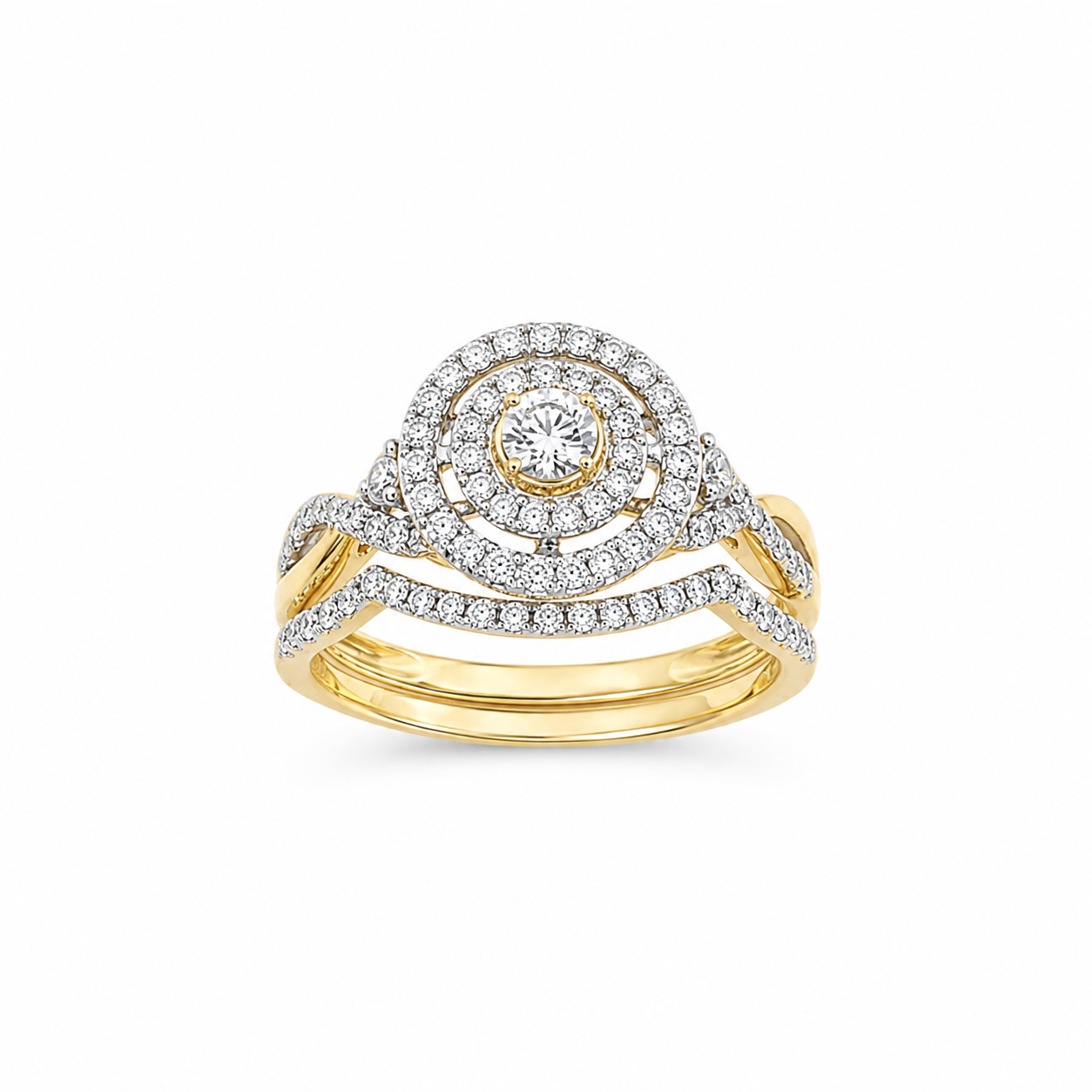 10ct Yellow Gold 0.75ct Natural Diamond Double Halo 2-Piece Bridal Set Ring Sterling Silver Chains 10ct Yellow Gold 0.75ct Natural Diamond Double Halo 2-Piece Bridal Set Ring Sterling Silver Chains
