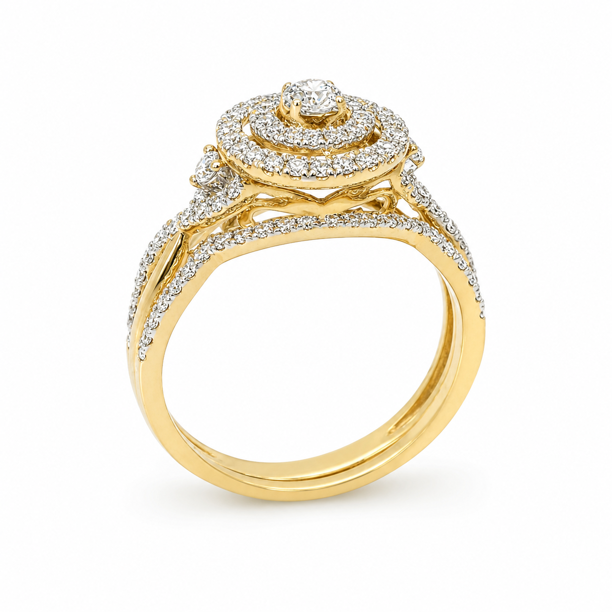 10ct Yellow Gold 0.75ct Natural Diamond Double Halo 2-Piece Bridal Set Ring Sterling Silver Chains 10ct Yellow Gold 0.75ct Natural Diamond Double Halo 2-Piece Bridal Set Ring Sterling Silver Chains