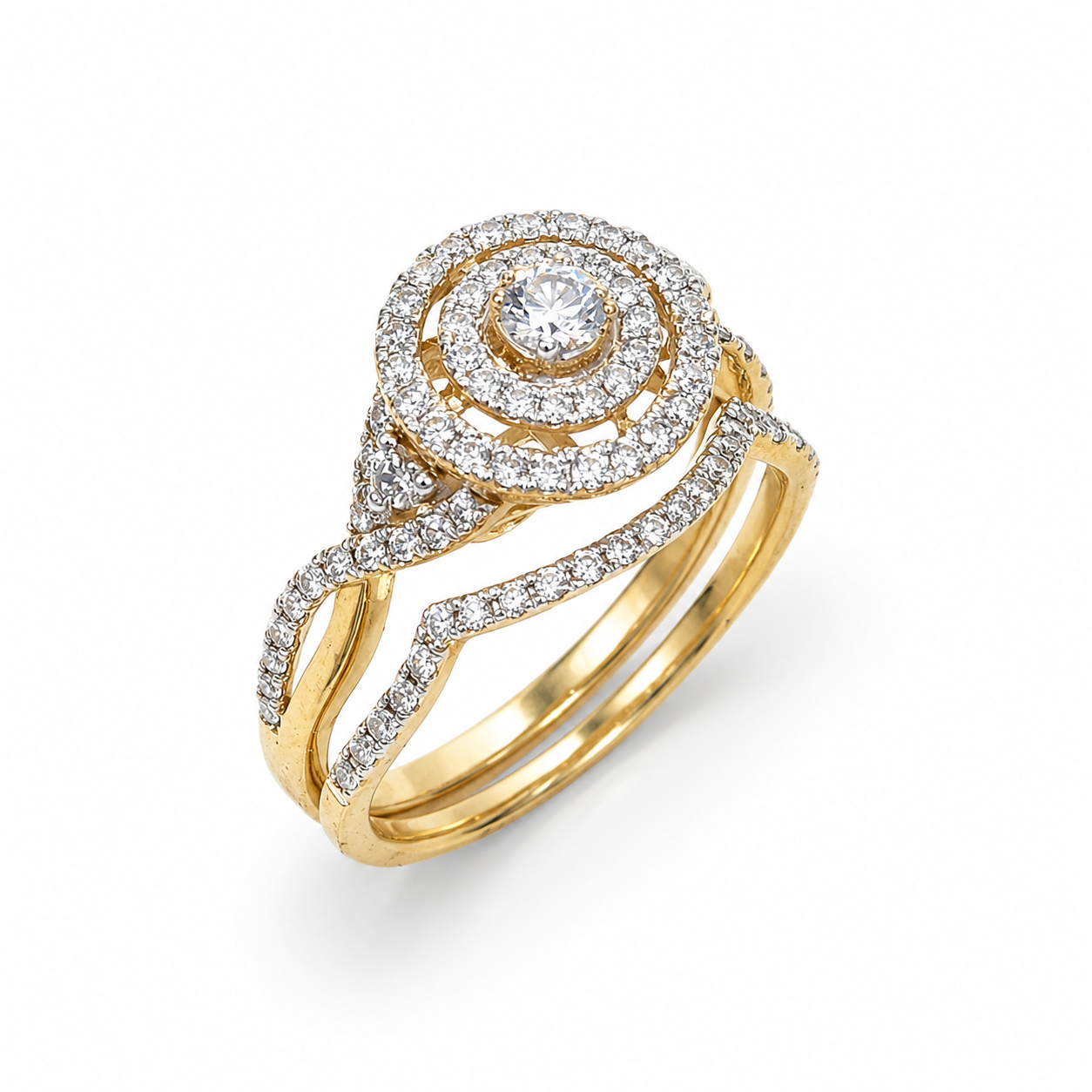 10ct Yellow Gold 0.75ct Natural Diamond Double Halo 2-Piece Bridal Set Ring Sterling Silver Chains 